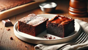 A slice of cakey brownie next to a fudgy brownie on a plate.