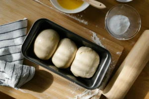 Close-up of biscuit dough with butter and a rolling pin on a floured surface.