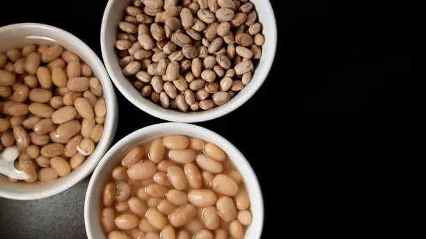 Side-by-side comparison of canned beans and dried beans in bowls.