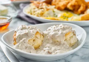 Plate of fluffy biscuits topped with creamy sausage gravy.