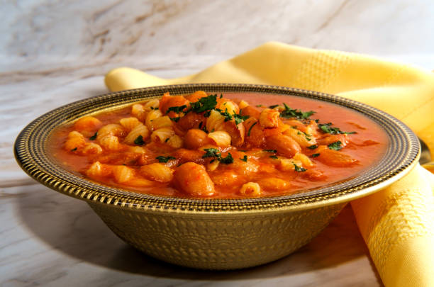 Bowl of Pasta Fagioli with beans and ditalini pasta in a tomato-based broth