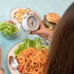 Healthy eating schedule with balanced meals and a clock