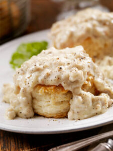  Biscuits with sausage gravy in a Southern-style breakfast