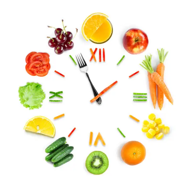 Clock surrounded by healthy foods like fruits, vegetables, and grains, representing meal timing