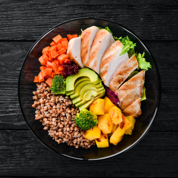 Healthy plate with balanced meals showcasing proteins, vegetables, and grains.