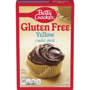 Betty Crocker Gluten-Free Yellow Cake Mix box with an image of a frosted cupcake.