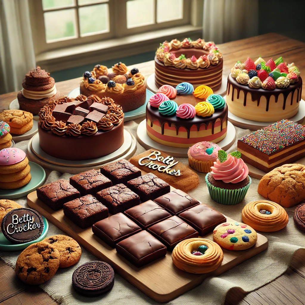 An assortment of Betty Crocker desserts, including brownies, cookies, and cakes, beautifully arranged on a table.