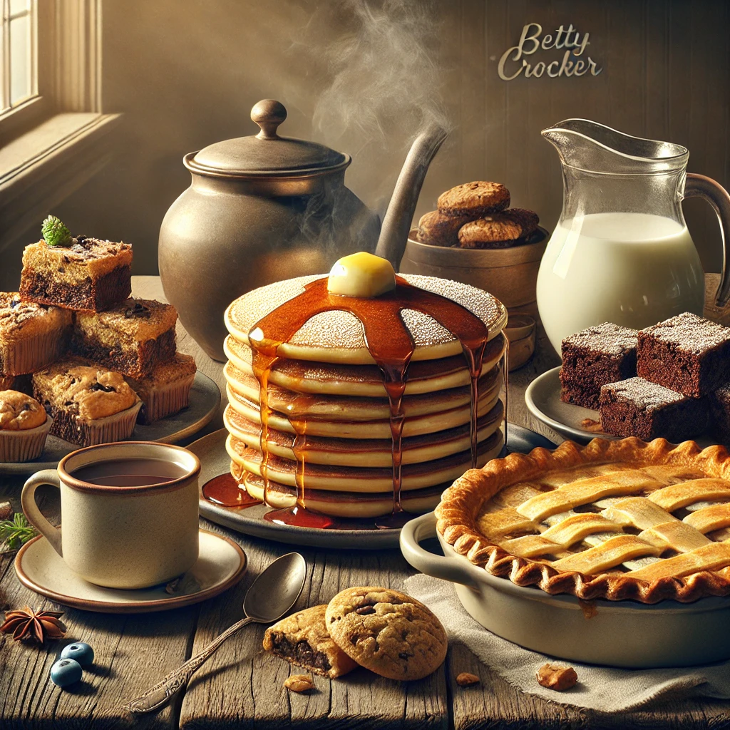 A spread of Betty Crocker recipes, including pancakes, chicken pot pie, brownies, and cookies.