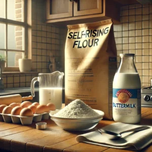 Self-rising flour, shortening, and buttermilk on a kitchen counter.