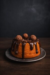 Classic chocolate cake with dripping ganache and decorative truffles on a rustic wooden table.