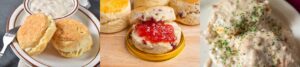 Different styles of biscuits and gravy from various U.S. regions