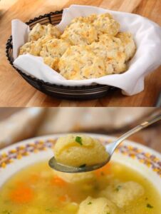 Plate with freshly baked biscuits and a bowl of dumplings in broth.