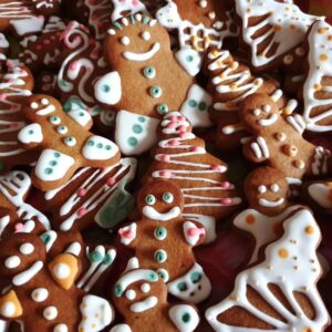 Festive holiday cookies decorated with colorful icing and sprinkles.