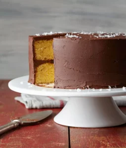 A layered yellow cake with chocolate frosting, featuring a light and airy texture achieved by whipping egg whites.