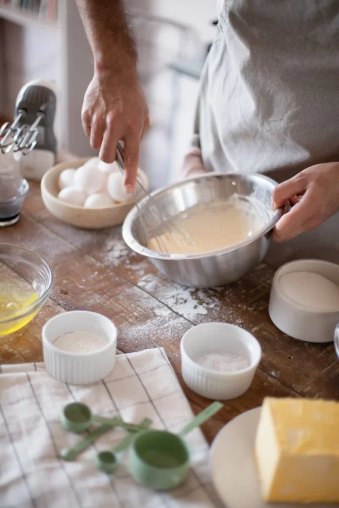 A person whisking cake batter in a mixing bowl surrounded by ingredients like eggs, butter, and flour on a wooden countertop.