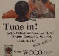 Historical advertisement showcasing Betty Crocker cooking school radio program