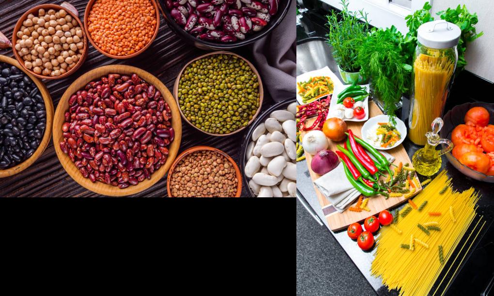  Fresh ingredients for Pasta Fagioli, including ditalini pasta, cannellini beans, tomatoes, and herbs.