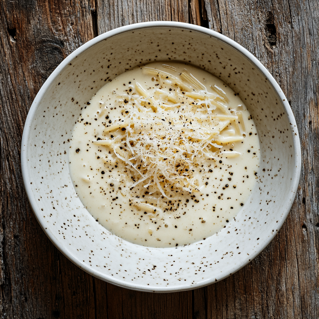 A creamy plate of Cacio e Pepe pasta with black pepper and Pecorino Romano cheese, served in a rustic Italian setting.