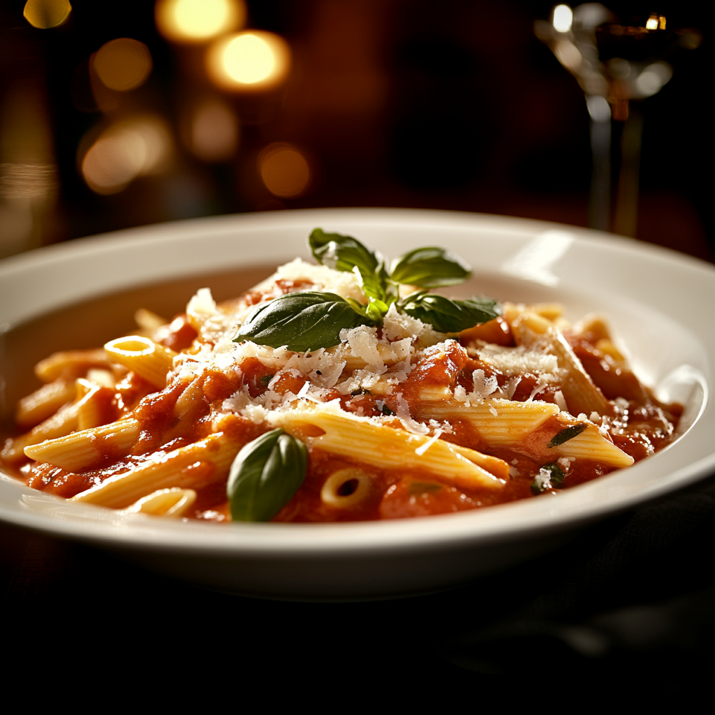 A bowl of creamy tomato penne pasta garnished with Parmesan and basil.