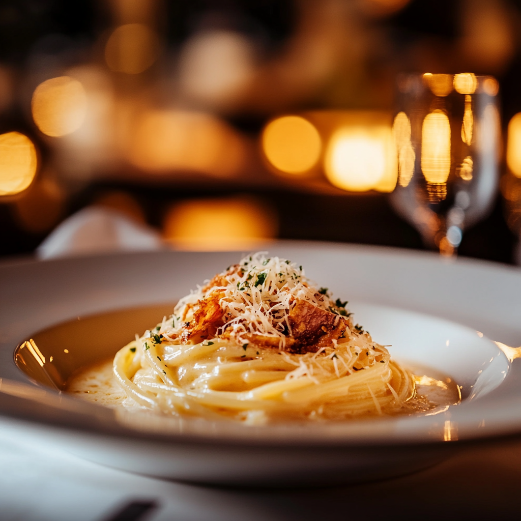 A rich and creamy plate of authentic Italian Carbonara pasta with crispy guanciale, Pecorino Romano cheese, and black pepper.