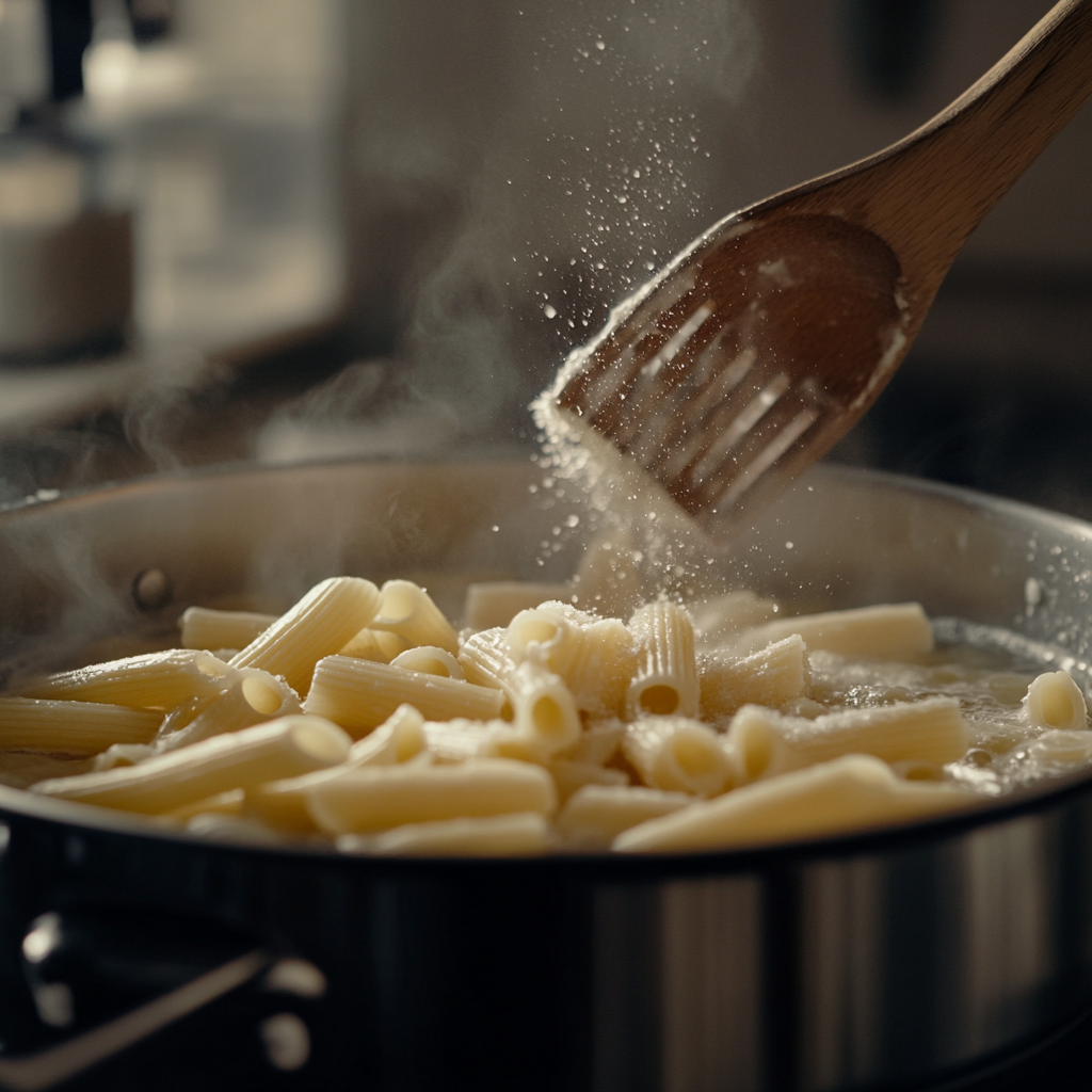 Adding rigate penne pasta to a boiling pot with salt and a wooden spoon stirring.