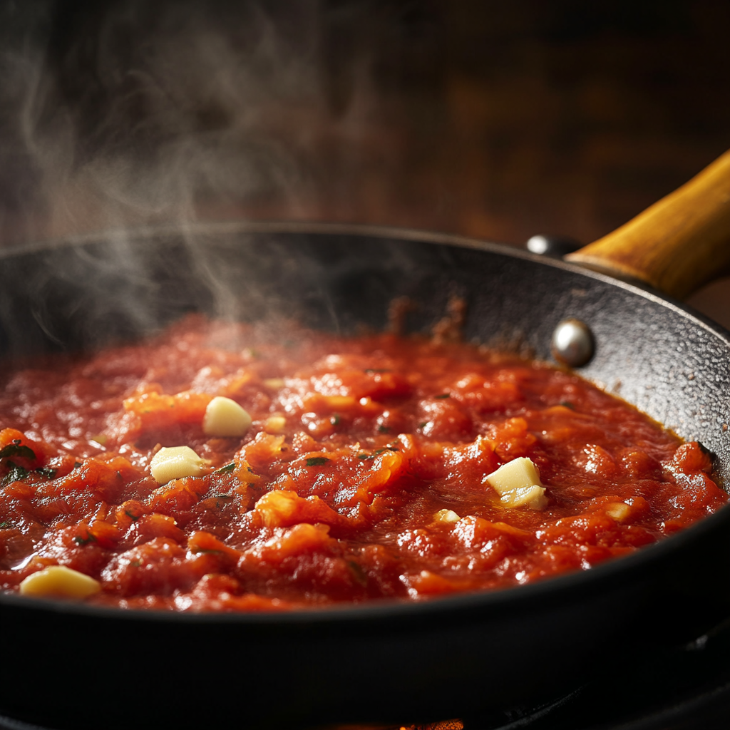 Tomato sauce simmering in a pan with garlic and butter.