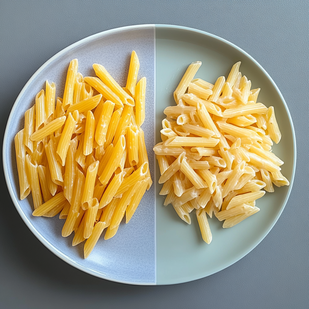 Comparison of overcooked and perfectly cooked rigate penne pasta