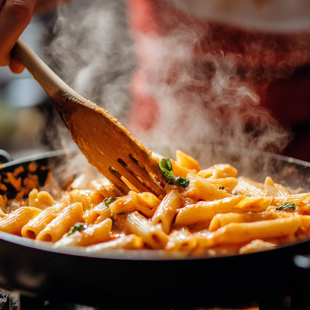 Penne pasta being tossed in creamy tomato sauce in a pan.