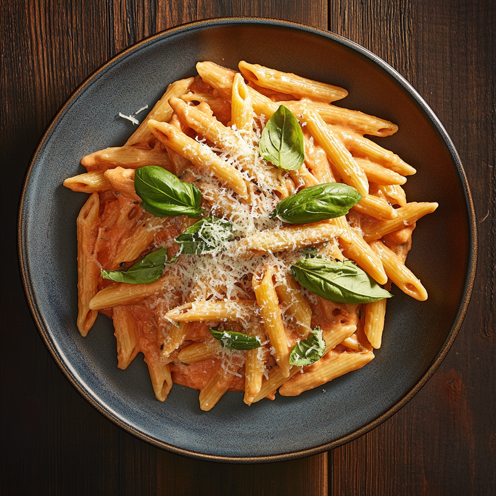 A plated serving of creamy tomato penne pasta with Parmesan and basil.