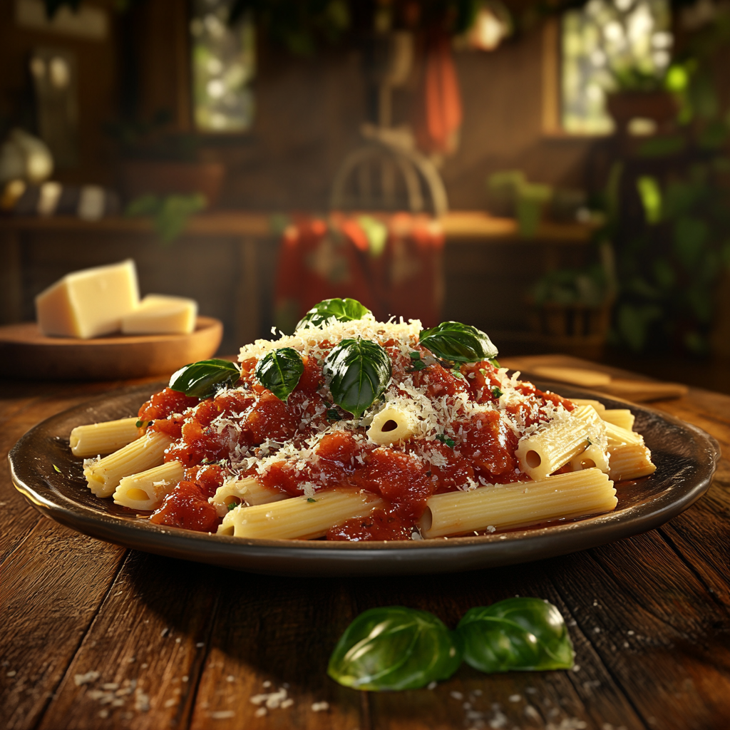 A plate of penne rigate pasta with tomato sauce, fresh basil, and Parmesan cheese