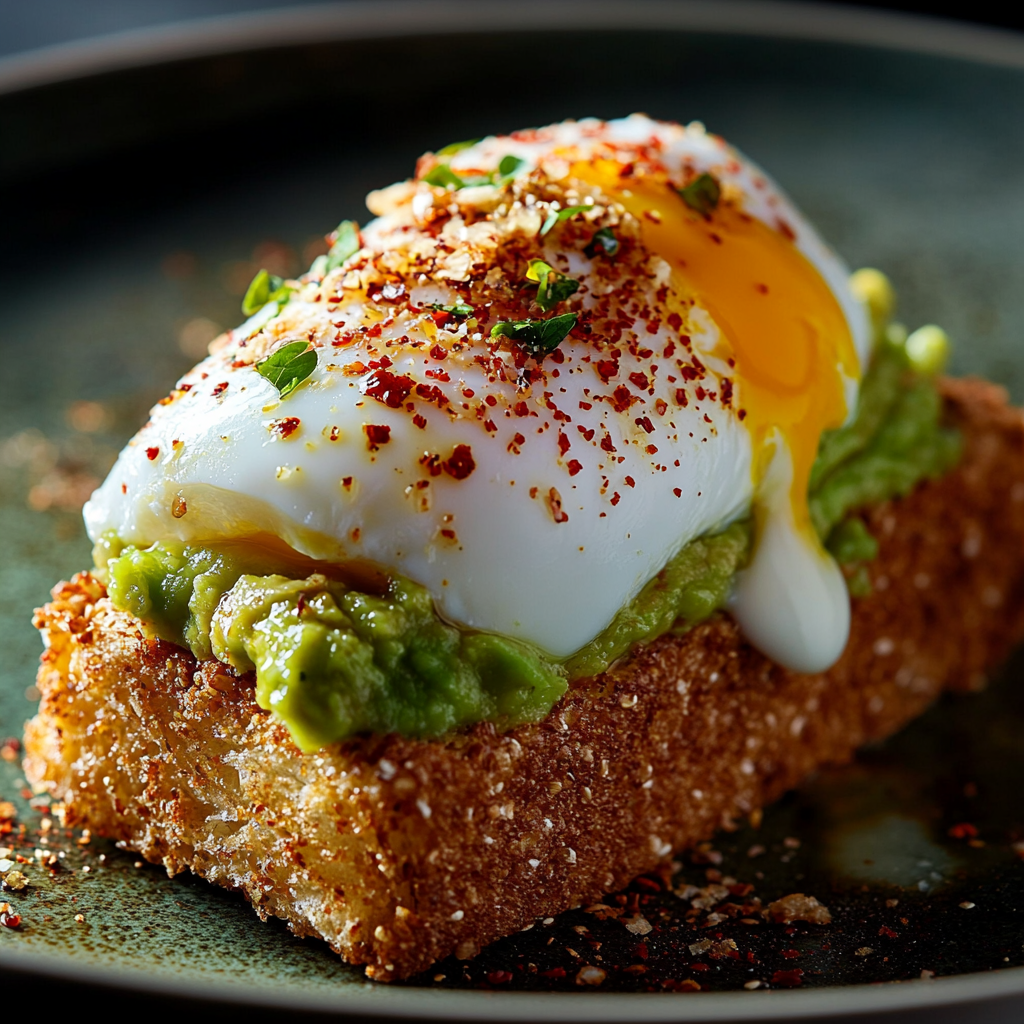 Whole-grain avocado toast topped with a poached egg and chili flakes for a heart-healthy breakfast.