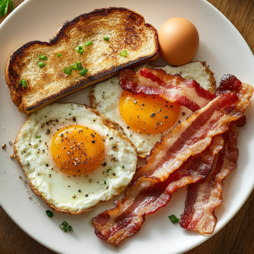 A breakfast plate with crispy bacon, sunny-side-up eggs, and toast