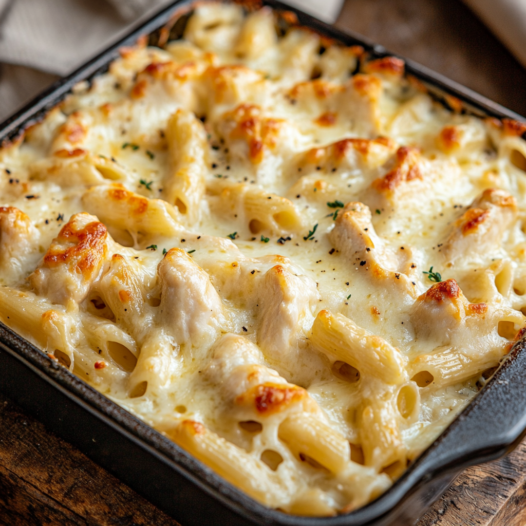 Cheesy baked chicken Alfredo pasta in a casserole dish with a golden crust