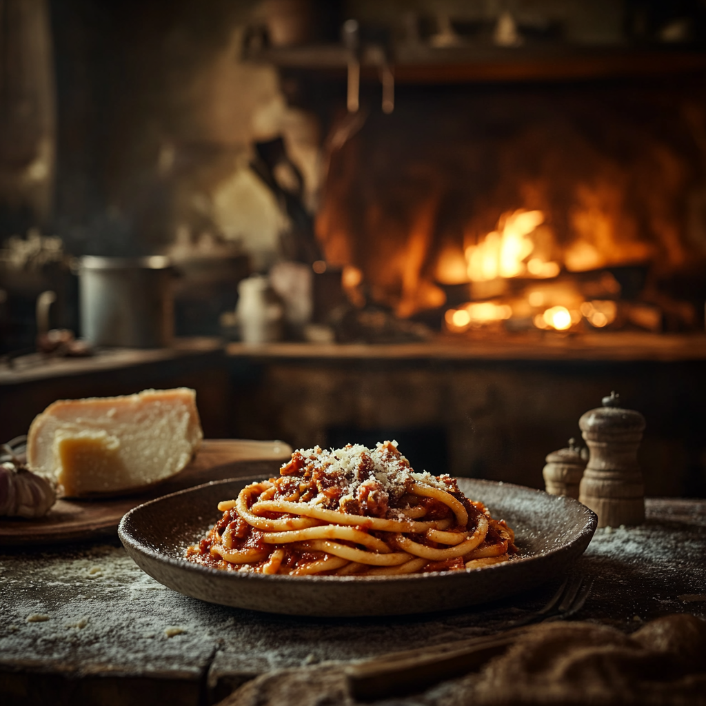 A plate of Bucatini all'Amatriciana, featuring a vibrant tomato sauce with crispy guanciale and a sprinkle of Pecorino Romano.