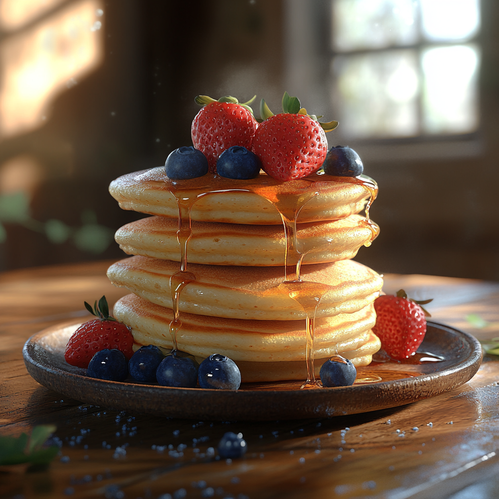 A stack of fluffy pancakes drizzled with maple syrup and topped with fresh berries