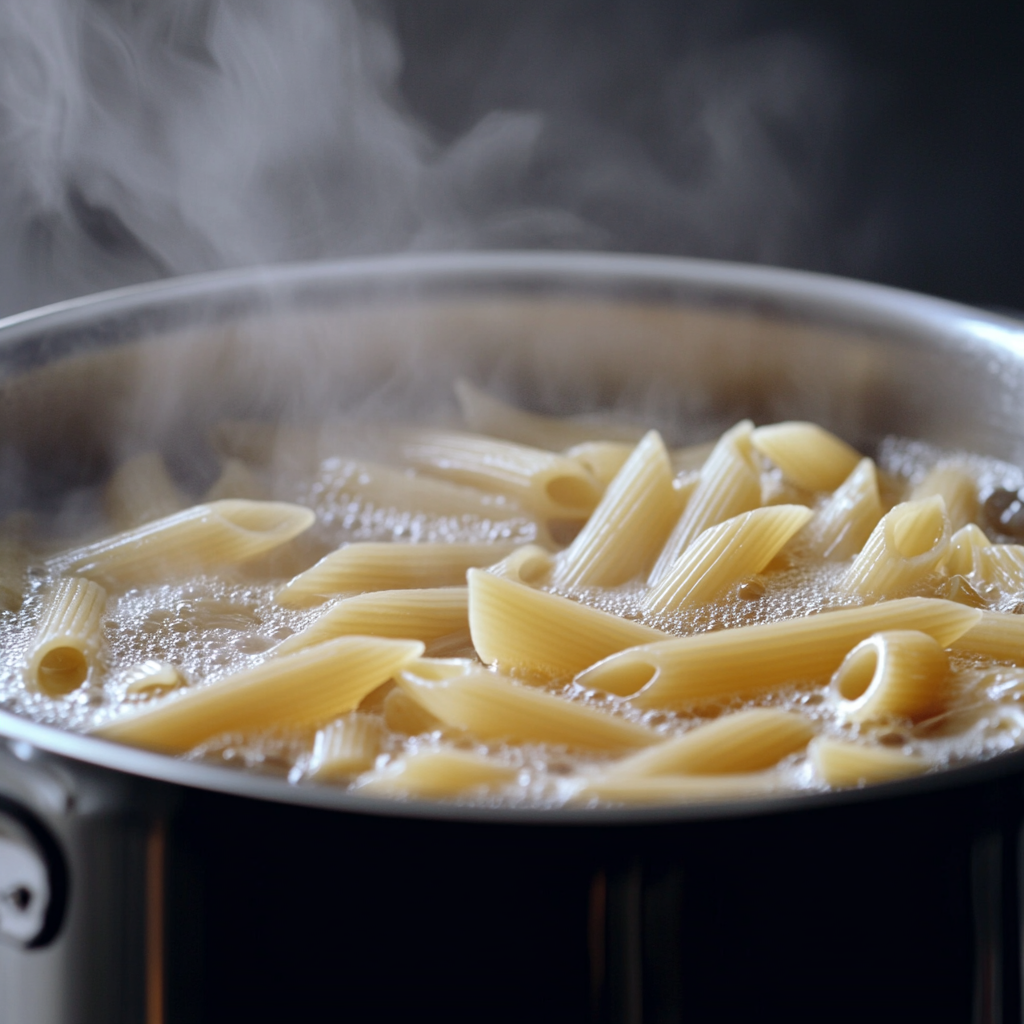 Boiling penne rigate pasta in a stainless steel pot with salted water.