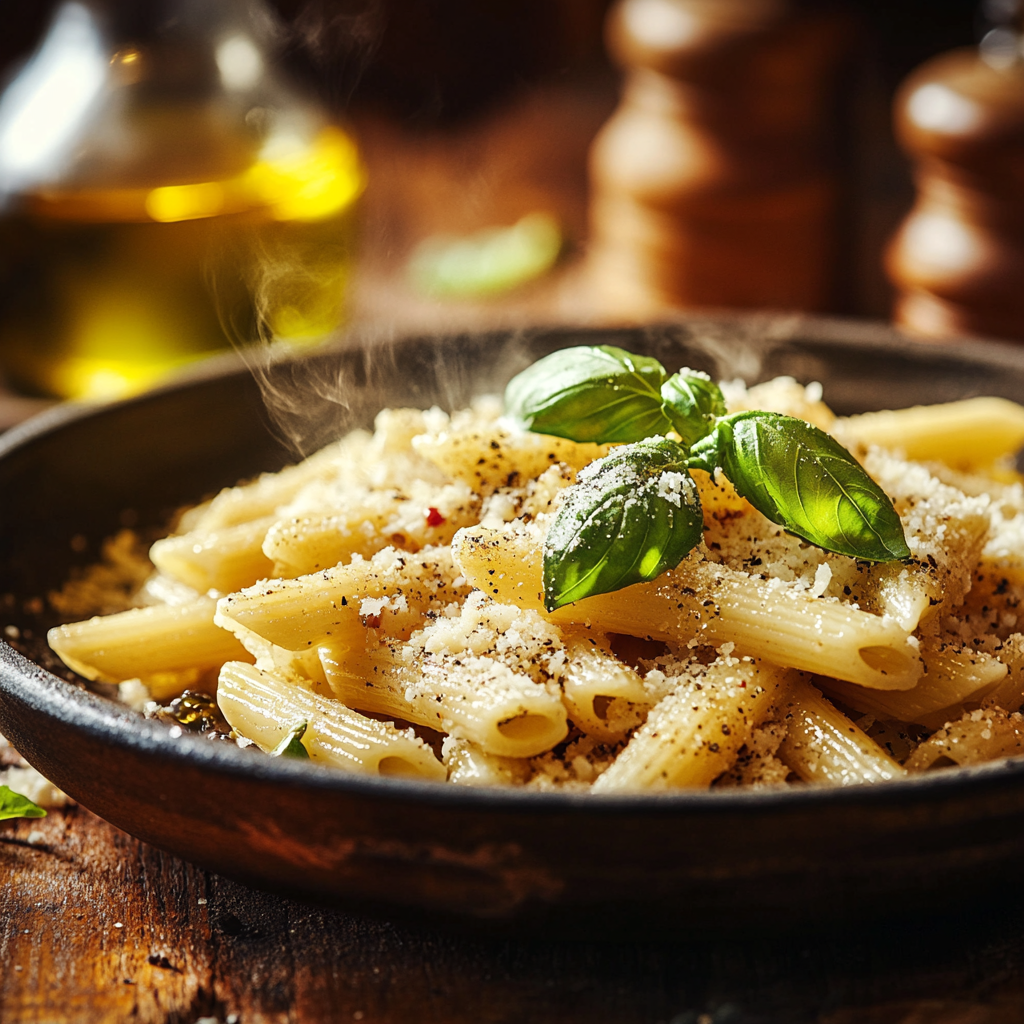 Penne Rigate pasta with fresh basil and parmesan on a rustic plate.