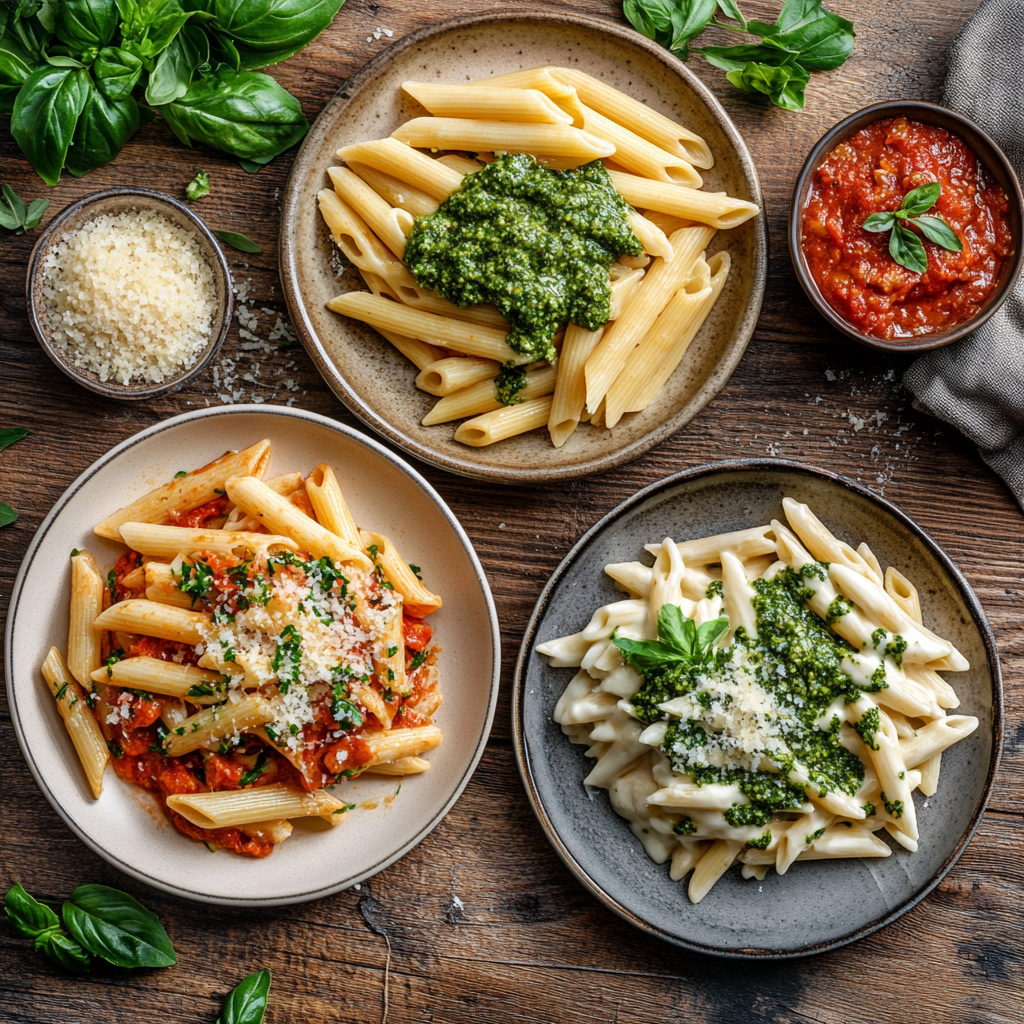 Three plates of penne rigate pasta with Alfredo, Arrabbiata, and Pesto sauces.