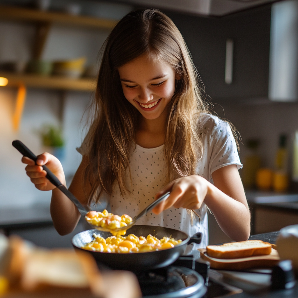 13-year-old making a simple and healthy breakfast in the kitchen.