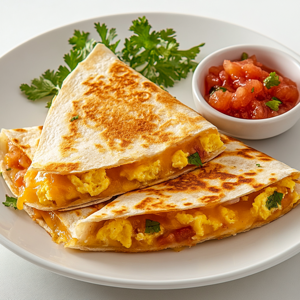 Cheesy breakfast quesadilla cut into bite-sized pieces for kids