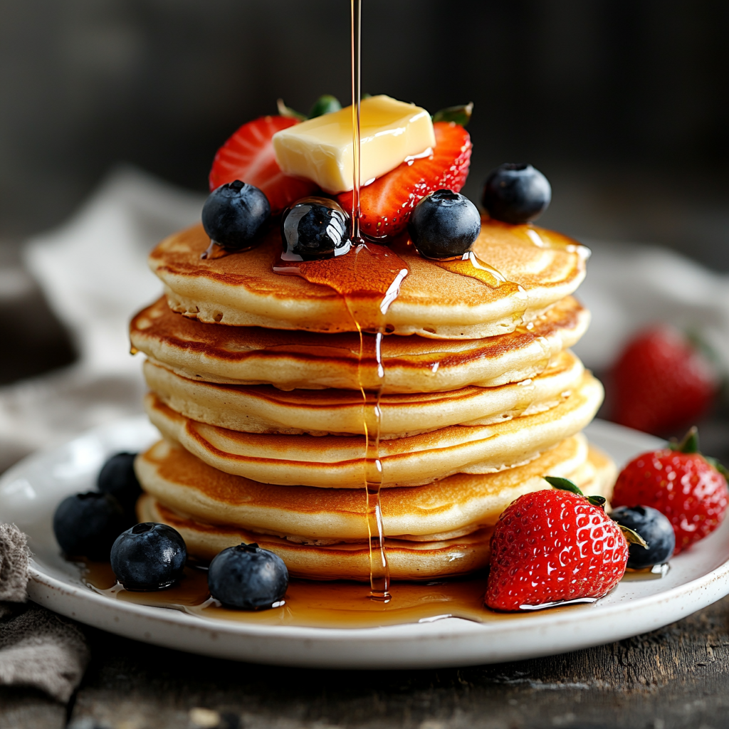  A stack of fluffy pancakes drizzled with syrup and topped with fresh berries