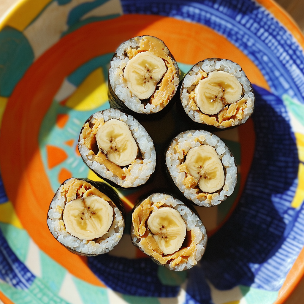  Breakfast sushi made with banana, peanut butter, and whole-wheat wraps on a kid-friendly plate.