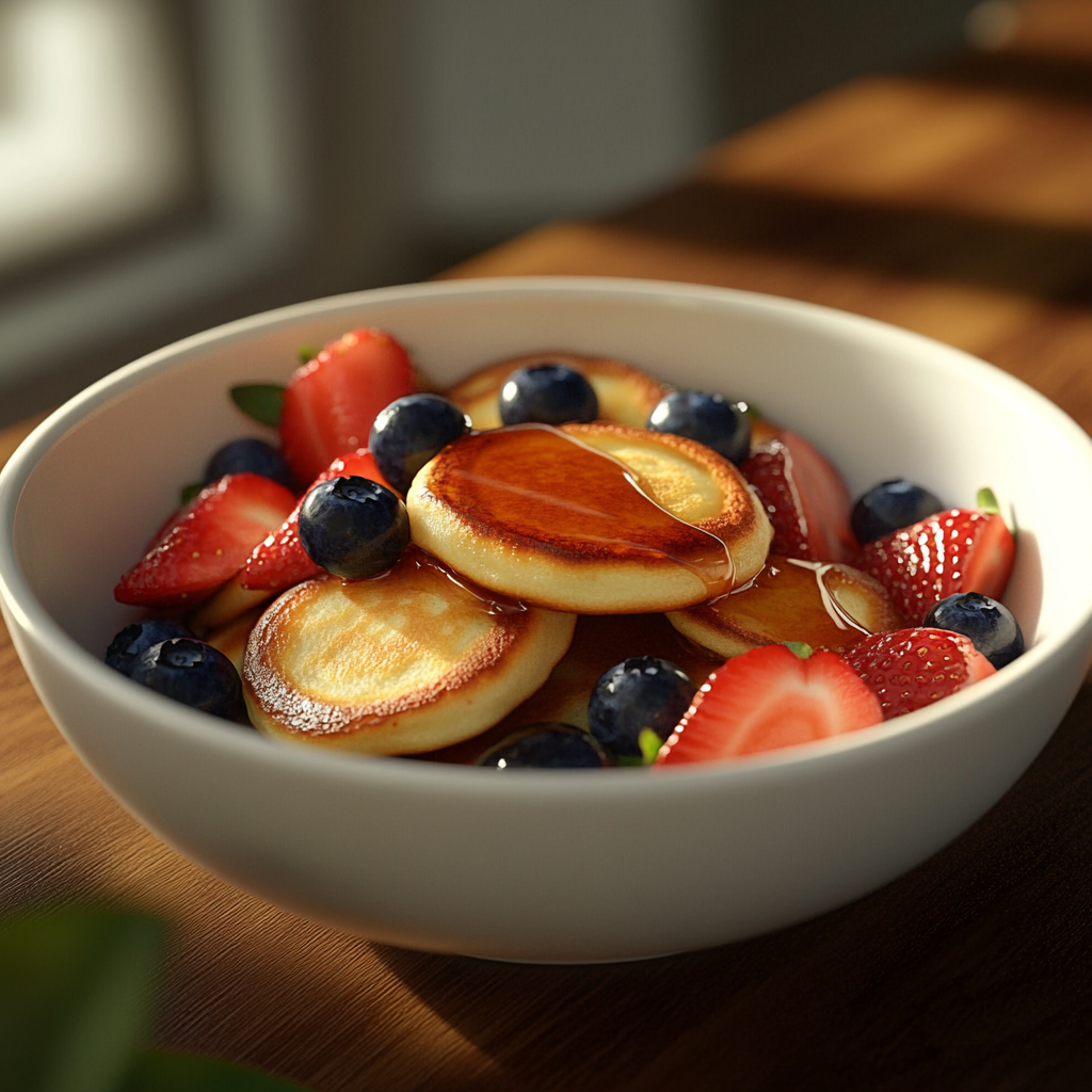 Mini pancake cereal served in a bowl with fresh fruit and syrup.