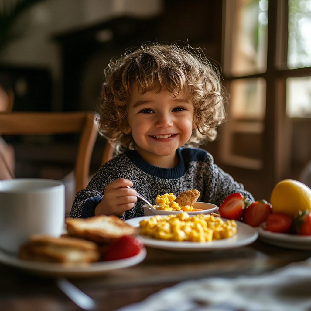 A happy child eating a nutritious breakfast, smiling at the kitchen table with a plate of eggs, fruit, and whole-grain toast.