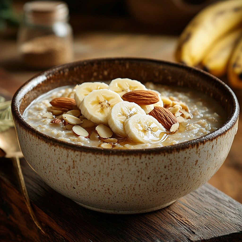 A bowl of oatmeal topped with sliced bananas, almonds, and honey drizzle