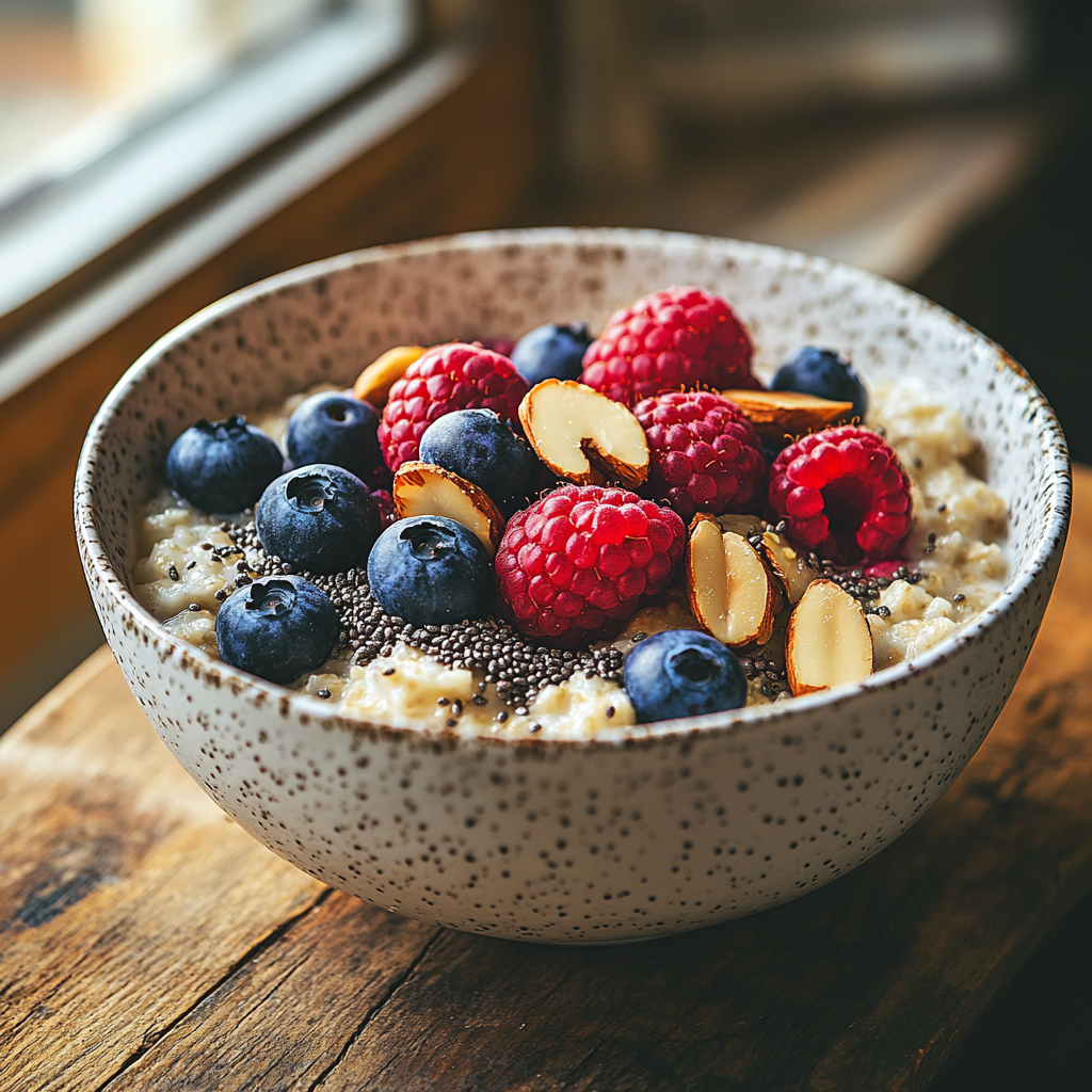 A warm bowl of oatmeal topped with fresh berries, chia seeds, and nuts for a nutritious breakfast.