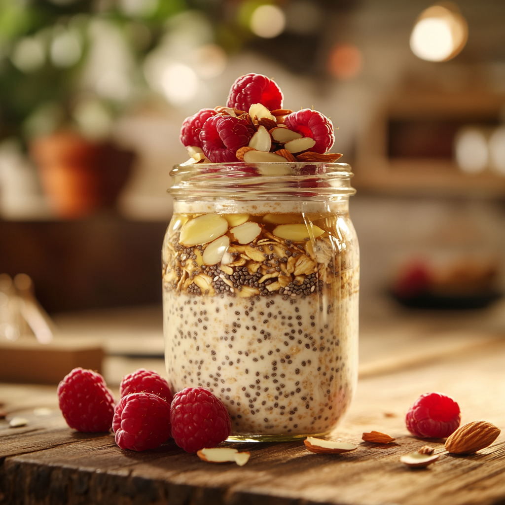 A jar of overnight oats topped with fresh berries, nuts, and honey.