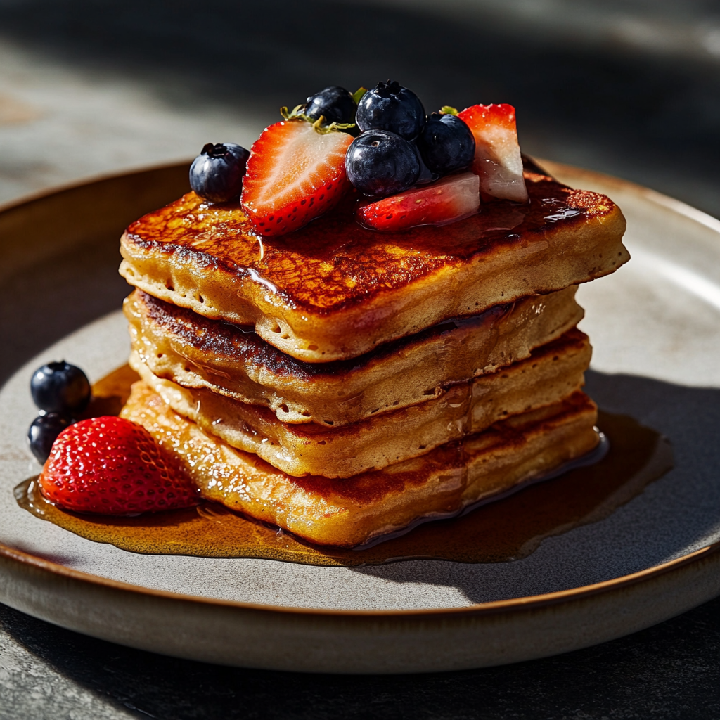  Fluffy pancakes with hidden veggies, topped with maple syrup and fresh fruit.