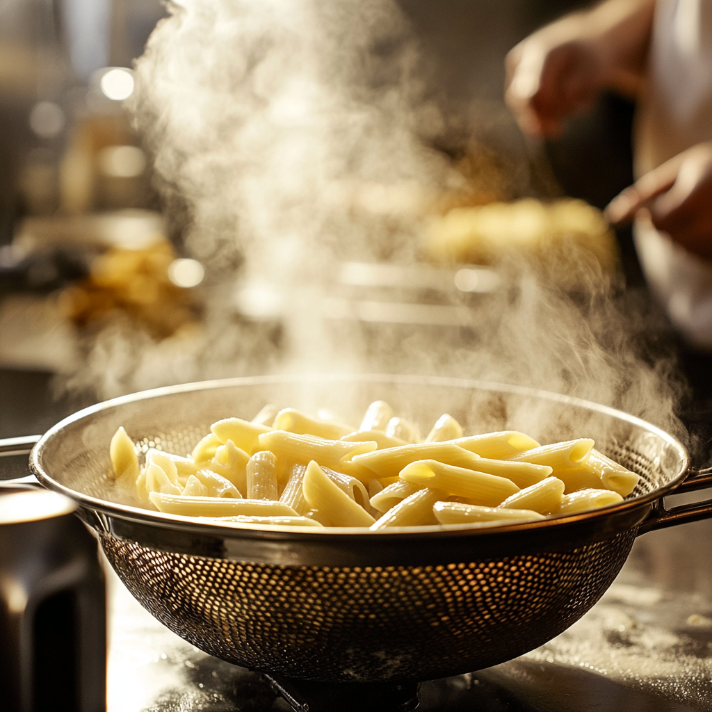 Penne Rigate pasta being drained in a colander with steam rising.