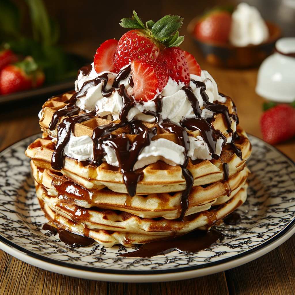 Crispy Belgian waffles with whipped cream, chocolate drizzle, and strawberries.